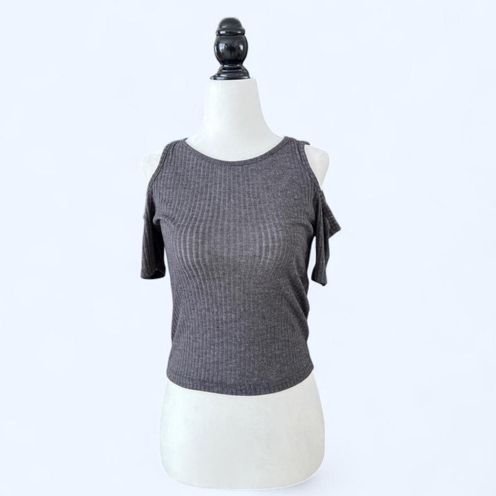 Topshop Women’s Grey Ribbed Sleeve Cut Out Punk Grunge Short  Sleeve Shirt Small